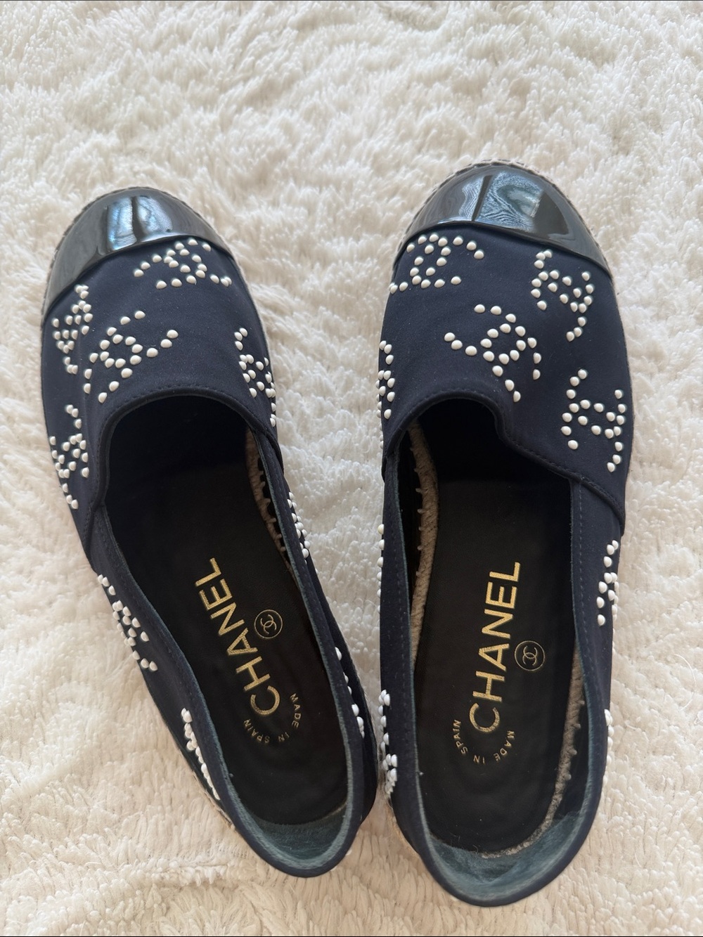 CHANEL Black Pearl-Embellished Cap-Toe Slip-On Flats ( Authentication included)